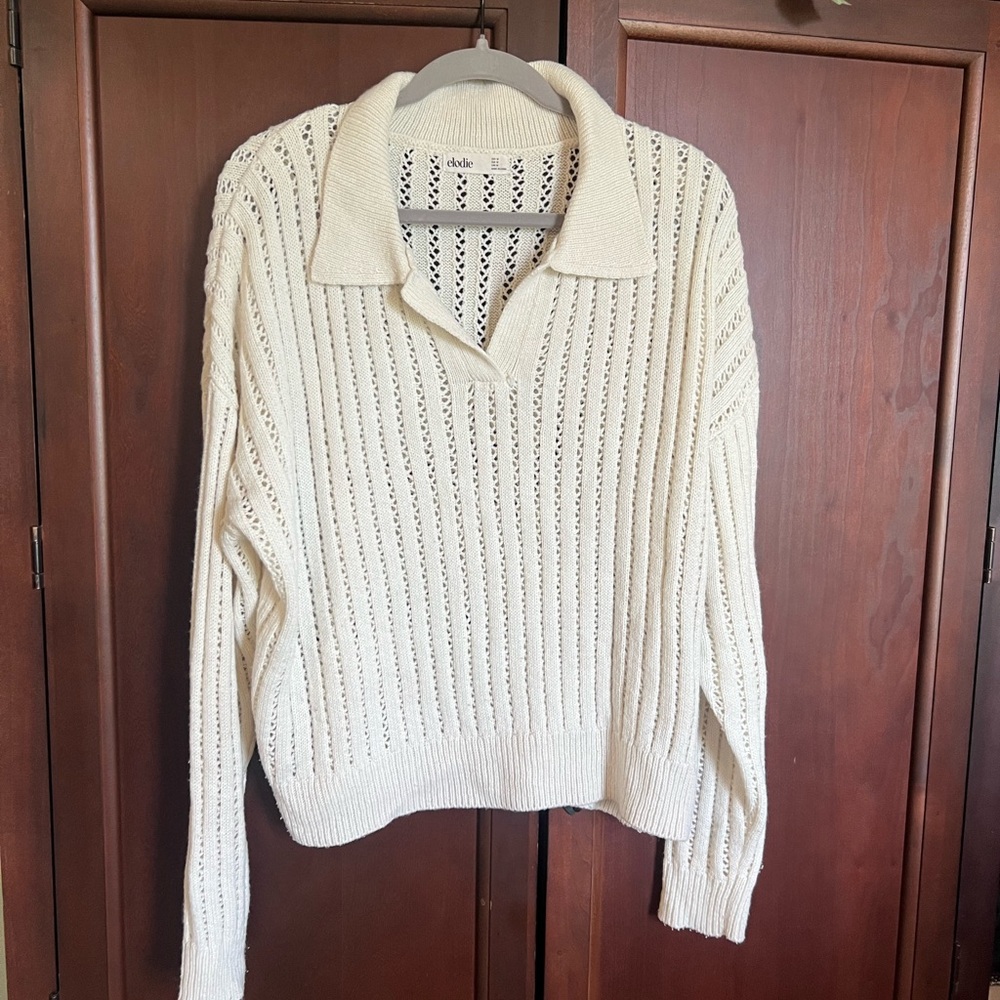 Elodie Cream Openwork V-Neck Polo Knit Sweater